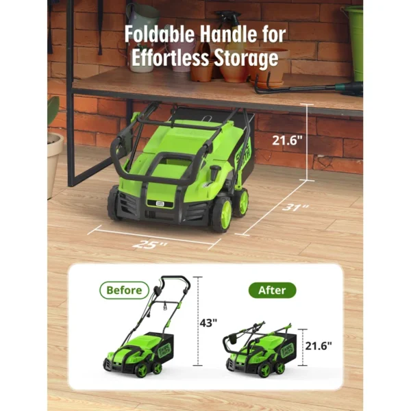 16 Inch+15+Amp+Electric+Dethatcher+Scarifier,+2024+Upgraded+Lawn+Dethatcher+With+5 Position+Depth+Adjustment,+14.5+Gal+Removable+Thatch+Collection+Bag,+Quick Fold,+Keeps+Lawn+Health (1)