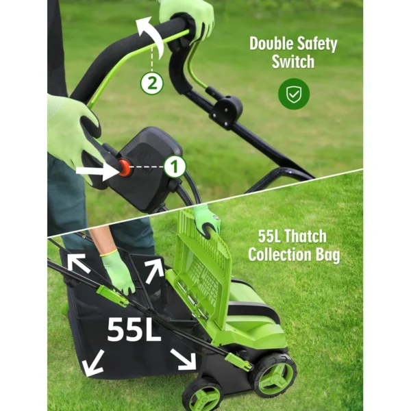 16 Inch+15+Amp+Electric+Dethatcher+Scarifier,+2024+Upgraded+Lawn+Dethatcher+With+5 Position+Depth+Adjustment,+14.5+Gal+Removable+Thatch+Collection+Bag,+Quick Fold,+Keeps+Lawn+Health (4)